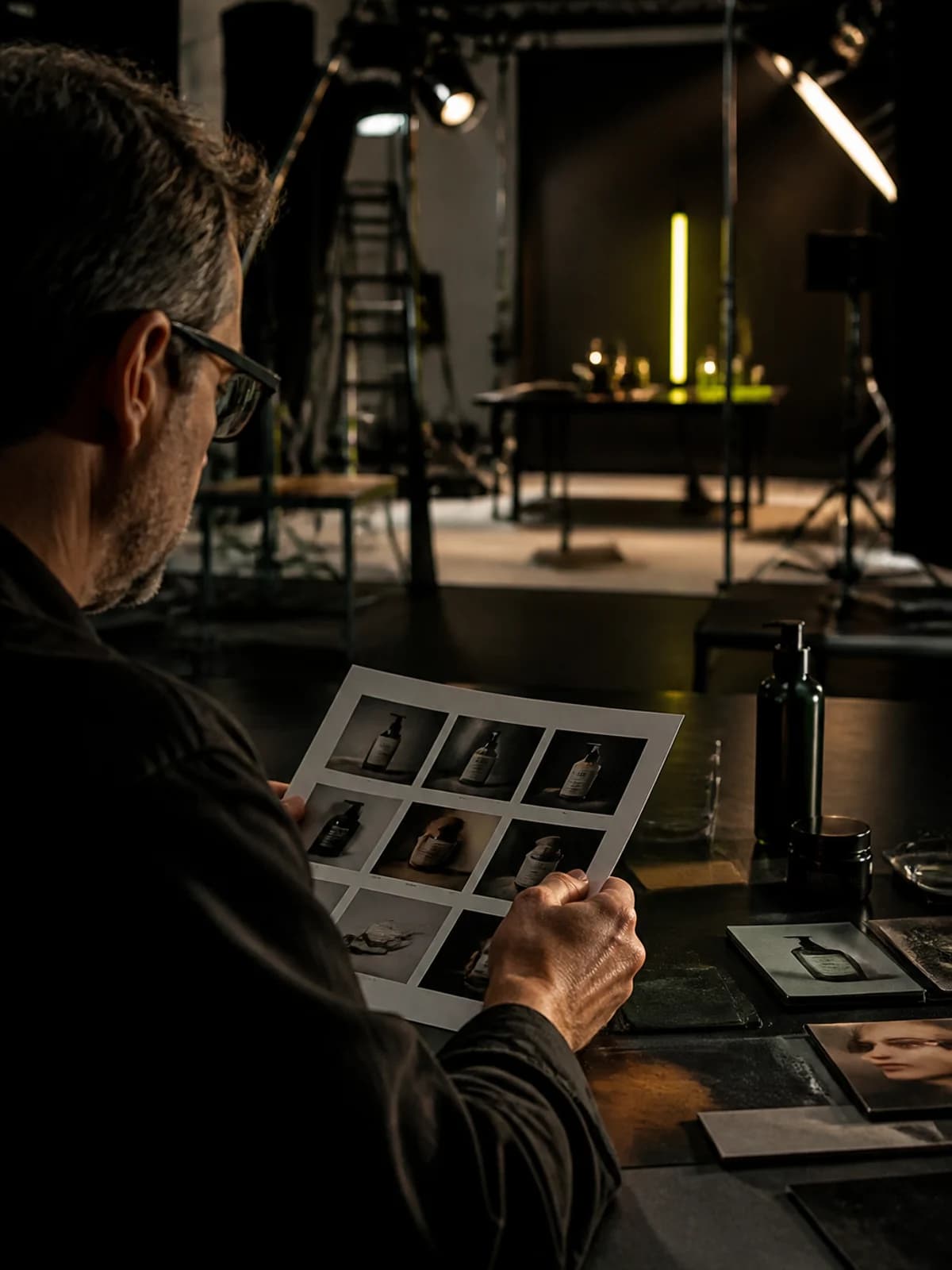 Creative director reviewing an AI commercial storyboard